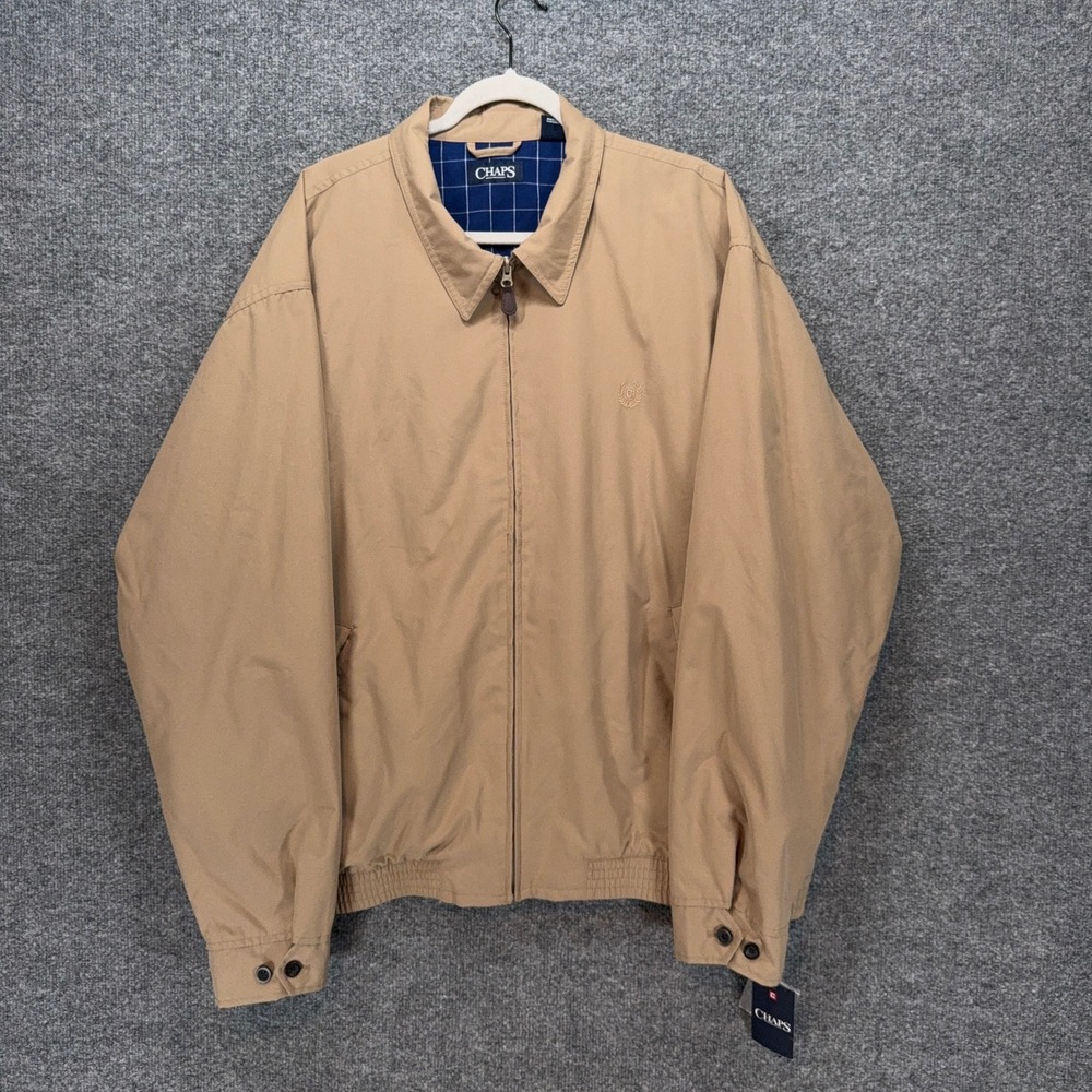 Chaps Jacket Mens XXL Tan Microfiber Zip Plaid Lined Lightweight Harrington NEW